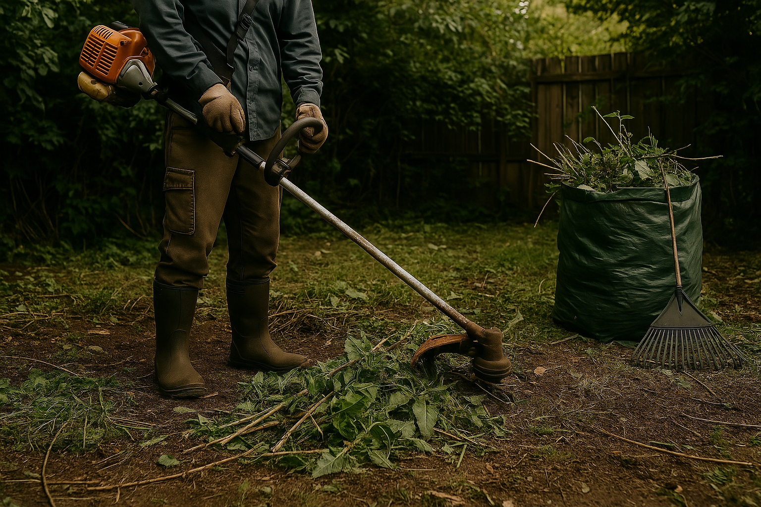 Professionelle Gartenpflege in Schwäbisch Gmünd – Einsatz mit Freischneider Unkrautentfernung und Gartenpflege in Schwäbisch Gmünd – Trimmer im Einsatz